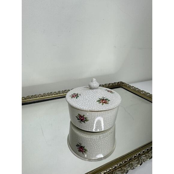 Antique Crackle Ceramic lidded Dish with Rose Floral Design - Picture 3 of 9